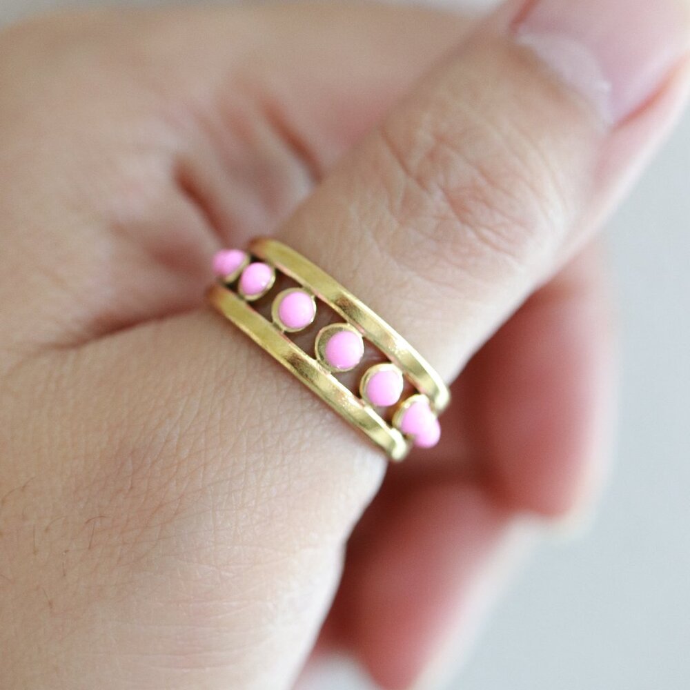 Pink Beads Style Cuff Ring Stainless Steel